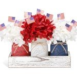 Patriotic Decorations, Memorial Day Decor, Patriotic Mason Jar Centerpiece for Table with Mini American Flags, 4th of July Decorations, Red White and Blue Decor, Patriotic Themed Party Americana Decor