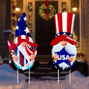 YiKizy 2 Packs 4th of July Decorations Yard Stakes Sign, 23 Inch Metal Gnome Stake, Waterproof Outdoor Red White and Blue Holiday Outdoor Garden Welcome Signs Yard Lanwn Stake