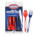 Kingsford Full Size Assorted Plastic Cutlery Heavy Duty Disposable Plastic Cutlery Set Includes 30 Forks 20 Knives and 25 Spoons for Any Occasion Plastic Cutlery, Red, White, Blue, 75 Pieces