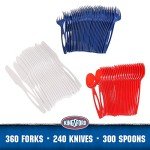 Kingsford Full Size Assorted Plastic Cutlery Heavy Duty Disposable Plastic Cutlery Set Includes 30 Forks 20 Knives and 25 Spoons for Any Occasion Plastic Cutlery, Red, White, Blue, 75 Pieces