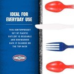 Kingsford Full Size Assorted Plastic Cutlery Heavy Duty Disposable Plastic Cutlery Set Includes 30 Forks 20 Knives and 25 Spoons for Any Occasion Plastic Cutlery, Red, White, Blue, 75 Pieces