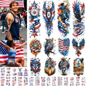 32 Sheets Independence Day Temporary Tattoos, USA Flag Patriotic Waterproof Fake Tattoos, Red White Blue Party Supplies Temp Tattoo Kits 4th of July Memorial Day, Veterans Day, Summer Festivals