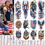 32 Sheets Independence Day Temporary Tattoos, USA Flag Patriotic Waterproof Fake Tattoos, Red White Blue Party Supplies Temp Tattoo Kits 4th of July Memorial Day, Veterans Day, Summer Festivals
