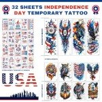 32 Sheets Independence Day Temporary Tattoos, USA Flag Patriotic Waterproof Fake Tattoos, Red White Blue Party Supplies Temp Tattoo Kits 4th of July Memorial Day, Veterans Day, Summer Festivals