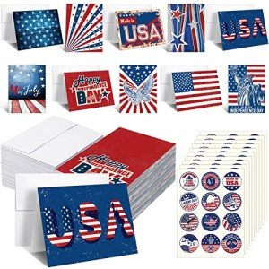Tisancy 100 Sets Patriotic Greeting Cards with Envelopes Stickers American Flag Patriotic Thank You Cards for Military Veteran July 4th Memorial Day(Vivid Flag)