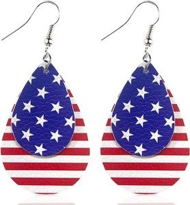 BOFILL American Flag Earrings for Women 4th of July Patriotic Independence Memorial Veterans Day Leather Teardrop Cute Dangle Lightweight Fun Holiday Gifts