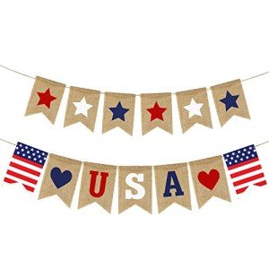 USA Banner Burlap 4th of July Decorations Rustic Patriotic Banner Red White Blue Stars Bunting Garland for President Day 4th of July Party Supplies 4th of July Patriotic Outdoor Indoor hanging Decor