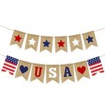 USA Banner Burlap 4th of July Decorations Rustic Patriotic Banner Red White Blue Stars Bunting Garland for President Day 4th of July Party Supplies 4th of July Patriotic Outdoor Indoor hanging Decor