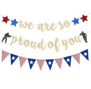 FHGG Military Going Away Party Decorations for Gold Glitter We are So Proud of You Banner American Flag Patriotic Soldier for 4th of July Veterans Day Memorial Day Themed Welcome Home