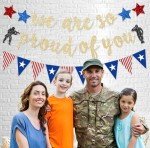 FHGG Military Going Away Party Decorations for Gold Glitter We are So Proud of You Banner American Flag Patriotic Soldier for 4th of July Veterans Day Memorial Day Themed Welcome Home