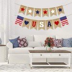 USA Banner Burlap 4th of July Decorations Rustic Patriotic Banner Red White Blue Stars Bunting Garland for President Day 4th of July Party Supplies 4th of July Patriotic Outdoor Indoor hanging Decor