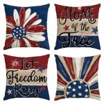 AVOIN colorlife Let Freedom Ring Stars Fireworks Red White Flower Throw Pillow Covers, 18 x 18 Inch 4th of July Patriotic Independence Memorial Day USA Flag Cushion Case for Sofa Couch Set of 4