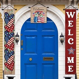 Tradder 3 Pcs Welcome 4th of July Banner Decorations Hanging American Flag Banners Red White Blue Patriotic Porch Sign Stars Stripes Independence Day Hanging Banner for Memorial Day Labor Party Decor