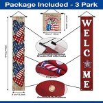 Tradder 3 Pcs Welcome 4th of July Banner Decorations Hanging American Flag Banners Red White Blue Patriotic Porch Sign Stars Stripes Independence Day Hanging Banner for Memorial Day Labor Party Decor