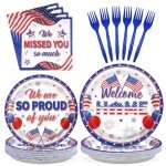 Grencian 96Pcs Military Welcome Home Decorations Veterans Day Plates Patriotic Paper Plates Disposable 350GSM Deployment Returning Party Tableware Set for Patriotic Army Homecoming Party, Serves 24
