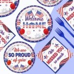 Grencian 96Pcs Military Welcome Home Decorations Veterans Day Plates Patriotic Paper Plates Disposable 350GSM Deployment Returning Party Tableware Set for Patriotic Army Homecoming Party, Serves 24