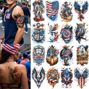 16 Sheets Independence Day Temporary Tattoos, USA Flag Patriotic Waterproof Fake Tattoos, Red White and Blue Party Supplies Tattoo Kits for 4th of July Memorial Day, Veterans Day, Summer Festivals