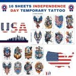 16 Sheets Independence Day Temporary Tattoos, USA Flag Patriotic Waterproof Fake Tattoos, Red White and Blue Party Supplies Tattoo Kits for 4th of July Memorial Day, Veterans Day, Summer Festivals