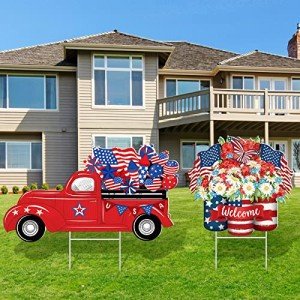 2 Psc 4th of July Yard Sign Patriotic Decorations Outdoor Memorial Day Welcome Sign with Stakes Weatherproof Independence Day Truck Yard Sign Flower Home Yard Decor for Garden Lawn