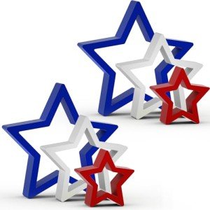 DECEED 6 PCS Patriotic Wooden Star Sign Table Decor 4th of July Centerpiece Star Tiered Tray Decoration for Independence Day Memorial Day (Red,Blue and White)