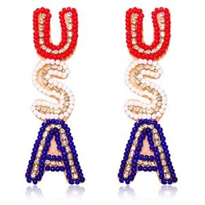 4th of July Earrings for Women Beaded Patriotic American Flag Star Drop Dangle Earrings Handmade Independence Day 4th of July Jewelry Accessories Outfits Gifts (Letter)