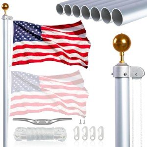 NQ 20FT Flag Pole in Ground for Outside House, 14-Guage Aluminum Flag Pole Kit, Heavy Duty Sectional Flagpole for Outdoor with 3x5FT Flag (Silver)