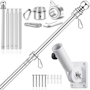 Upgraded Flag Pole Kit w/Mutil-Position Adjustable Bracket Holder & w/Spinning Rings - 5FT to 6Ft 1" Metal Flagpole Kit for 3x5 American Flag - House Wall Mount Flag Pole (6 FT, w/180° White Bracket)