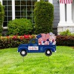 Glitzhome 23.75" H Metal Truck Patriotic Garden Yard Signs with Stake, 4th of July Welcome American Holiday Wall Outdoor Backyard Party Patriot's Day Decon