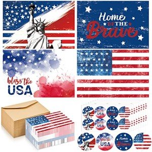 Seajan Patriotic Postcards Blank Greeting Card 4th of July and Envelopes Stickers American Flag USA Red White Blue Memorial Day Card Bulk for Veteran's Day Appreciation Note Card 4 x 6 Inch(100 Sets)