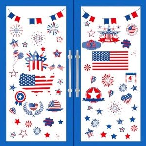 4th of July Patriotic Window Clings USA Double-Sided Window Art Decals USA Independence Memorial Day Stripes Star Fireworks Flags Balloon Decorations for Home School Office 9 Sheets (A)