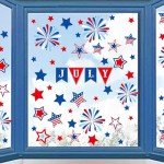 4th of July Patriotic Window Clings USA Double-Sided Window Art Decals USA Independence Memorial Day Stripes Star Fireworks Flags Balloon Decorations for Home School Office 9 Sheets (A)