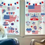 4th of July Patriotic Window Clings USA Double-Sided Window Art Decals USA Independence Memorial Day Stripes Star Fireworks Flags Balloon Decorations for Home School Office 9 Sheets (A)