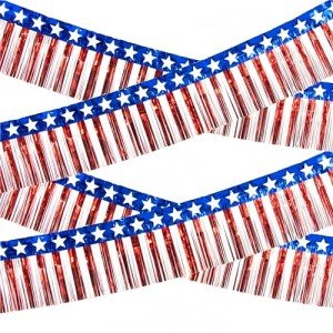4th of July Decorations 4 Pack 40Ft Tinsel Foil Fringe Garland Streamers Hanging Red White Blue Fringe Backdrop Banner for Parade Floats Decor 4th of July America Patriotic Day Memorial Day
