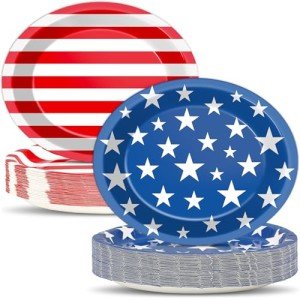 Qyeahkj 50 PCS Patriotic Oval Paper Plates Large 11” Disposable American Flag Party Decorations 4th of July Independence Day Supplies Favor for Memorial Day Veterans Election Day Party Tableware Set