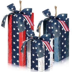 DoubleFill 3 Pcs 4th of July Decor Rustic Wood Presents Firework Patriotic Wooden Faux Blocks with Bowknot Independence Day Centerpiece for Table 4th of July Tiered Tray Decor Farmhouse Decorations