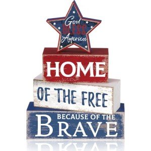 Huquary 4 Pcs Farmhouse 4th of July Patriotic Table Sign Independence Day Table Wood Decorations Patriotic Themed Rustic Farmhouse Wood Block Sign for Party Home Desk (Retro Star)