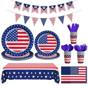 Cecnamt American Flag Themed Party Decorations, 170 Pcs Patriotic Party Supplies, Patriotic Party Decorations Including Banner, Plates, Cups, Napkins, Cutlery, Straws and Tablecloths, Serves 24