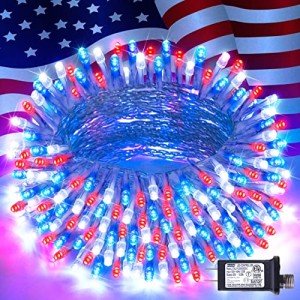 JMEXSUSS 4th of July Decorations 100 LED String Lights Indoor, 33ft Red White and Blue Lights Plug-in, 8 Modes Patriotic 4th of July Lights for Indoor Outdoor Independence Day American Flag Holiday