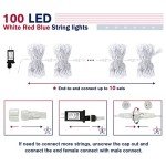 JMEXSUSS 4th of July Decorations 100 LED String Lights Indoor, 33ft Red White and Blue Lights Plug-in, 8 Modes Patriotic 4th of July Lights for Indoor Outdoor Independence Day American Flag Holiday
