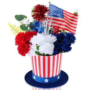CroBlissful 4th of July Decoration Patriotic Table Centerpiece Red White Blue Artificial Flower Hat Pot Set Memorial Day Flower Arrangement Hat Vases USA Independence Day Decor for Home Table Office