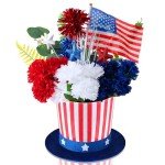 CroBlissful 4th of July Decoration Patriotic Table Centerpiece Red White Blue Artificial Flower Hat Pot Set Memorial Day Flower Arrangement Hat Vases USA Independence Day Decor for Home Table Office
