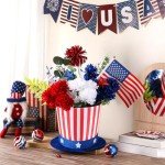 CroBlissful 4th of July Decoration Patriotic Table Centerpiece Red White Blue Artificial Flower Hat Pot Set Memorial Day Flower Arrangement Hat Vases USA Independence Day Decor for Home Table Office