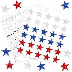 JarThenaAMCS 300Pcs Glitter Patriotic Star Sticker 4th of July Stars Stickers Red, Blue & Silver Star-Shaped Self-Adhesive Stickers for Invitations Party Favors and Crafts, 10 Sheet
