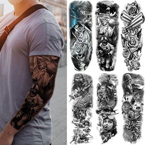 Military Temporary Tattoo Sleeves, Full Arm Large War Soldier Fake Tattoos Sleeve For Men Women Adult, Black Long Lasting Patriotic Warrior Temp Tatoo Sticker Leg Body Art Makeup, 6-Sheet