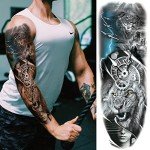 Military Temporary Tattoo Sleeves, Full Arm Large War Soldier Fake Tattoos Sleeve For Men Women Adult, Black Long Lasting Patriotic Warrior Temp Tatoo Sticker Leg Body Art Makeup, 6-Sheet