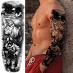 Military Temporary Tattoo Sleeves, Full Arm Large War Soldier Fake Tattoos Sleeve For Men Women Adult, Black Long Lasting Patriotic Warrior Temp Tatoo Sticker Leg Body Art Makeup, 6-Sheet