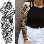 Military Temporary Tattoo Sleeves, Full Arm Large War Soldier Fake Tattoos Sleeve For Men Women Adult, Black Long Lasting Patriotic Warrior Temp Tatoo Sticker Leg Body Art Makeup, 6-Sheet