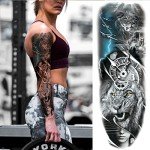 Military Temporary Tattoo Sleeves, Full Arm Large War Soldier Fake Tattoos Sleeve For Men Women Adult, Black Long Lasting Patriotic Warrior Temp Tatoo Sticker Leg Body Art Makeup, 6-Sheet
