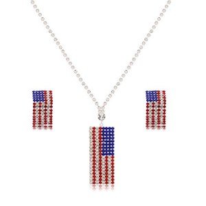 ZOLEAROPY American Flag Necklace Earrings Set Charm Rhinestone USA Flag Pendnat Neckalce Stars Stripes Stud Earrings For Woman (silver)