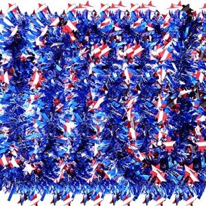 WILLBOND 4th of July Patriotic Tinsel Garland Decoration Red White Blue Metallic Chunky Glitter Tinsel for Independence Day Memorial Day Celebration Holiday Decorations (6 Pieces,40 Feet)